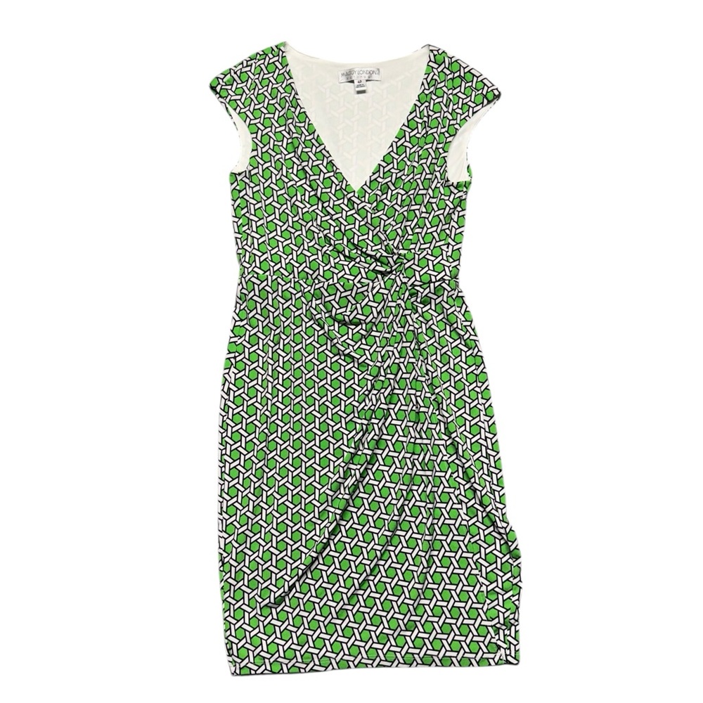 Maggy London Faux Wrap Geometric Print Dress Womens Petite Size 4P Green White‎
